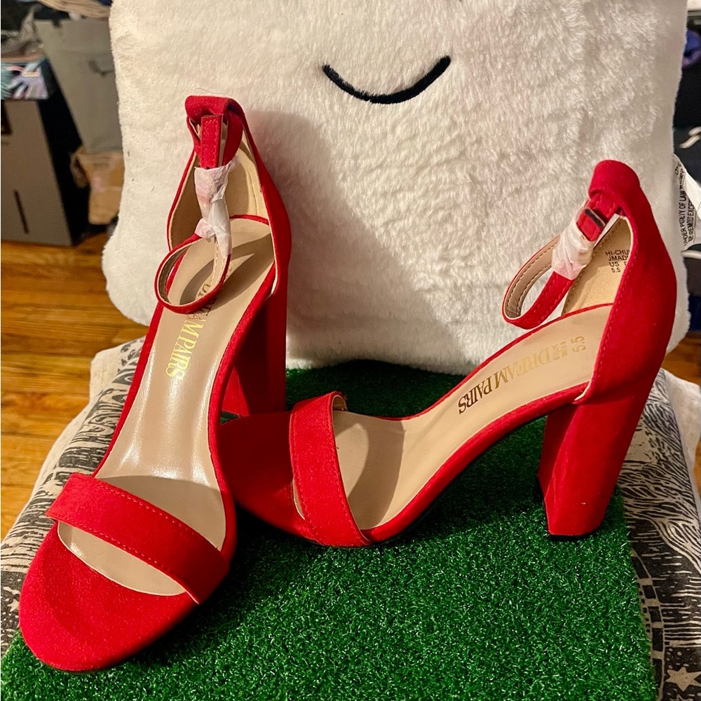 Elegant Red Heels with Ankle Strap by The Drop